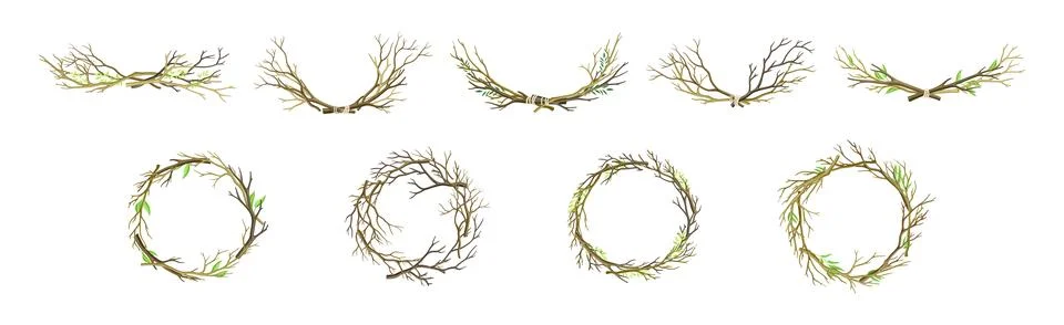 Bare Tree Branch Entangled in Wreath and Semi Circle Vector Set Stock Illustration