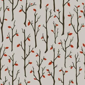 Bare tree branches vector seamless pattern. Dark autumn tree silhouettes on grey Stock Illustration