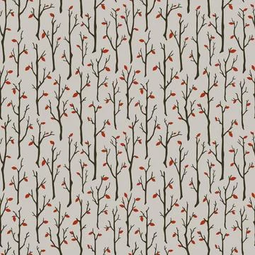 Bare tree branches vector seamless pattern. Dark autumn tree silhouettes on grey Stock Illustration