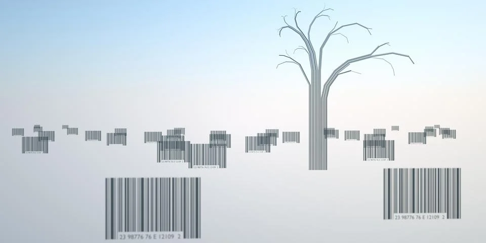 Bare tree drawn from barcodes among floating barcode strips 库存插图