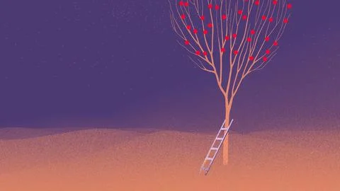 Bare tree heavy with red fruit under a starry night sky Stock Illustration