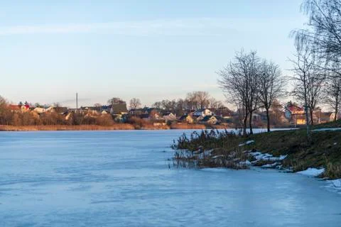 Bare tree lean over the water, reflect. Tree branches bent low over the lake in Stock Photos