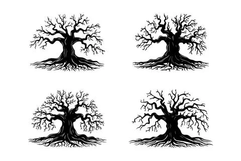 Bare Tree Silhouette Vector Set with Roots Design Stock Illustration