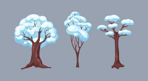Bare trees covered with snow flat color vector objects Stock Illustration