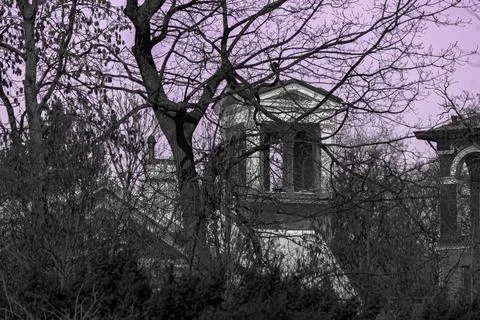 Bare trees framing old house at dusk Stock Photos
