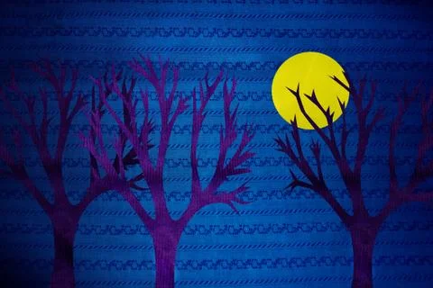 Bare trees with full moon at night Stock Illustration