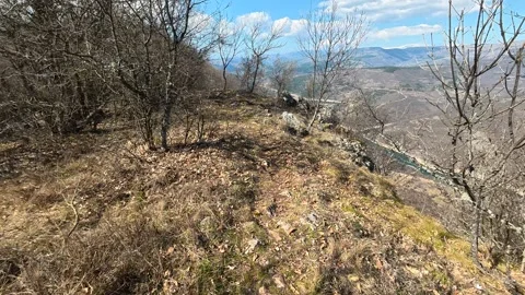 Bare trees stand on sunlit, rugged hillside. Balkan, Eastern Europe, POV Video stock 331813726