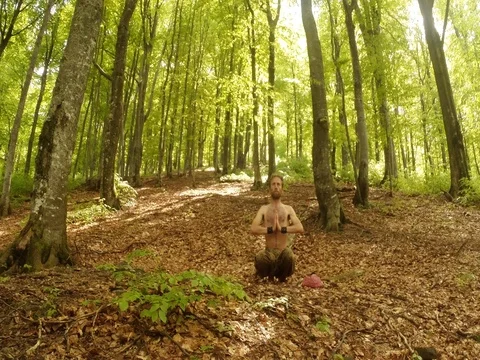 Bare-waisted man stand on his hands with keeping his feet on one of his hands in Stock Footage 77768847