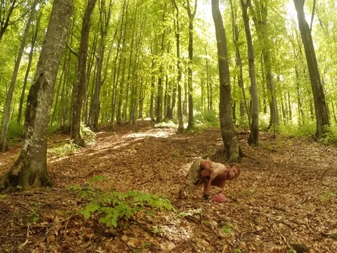 Bare-waisted man stand on his hands with keeping his feet on one of his hands in Stock Footage