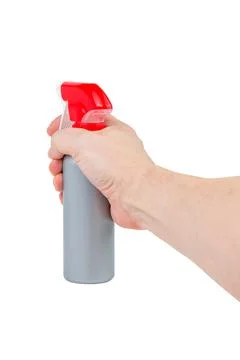 Bare white hand holding gray plastic spray bottle - isolated on white background Photos