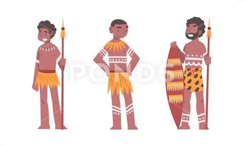 Barefoot African Aboriginal Man Character with Spear Dressed in ...