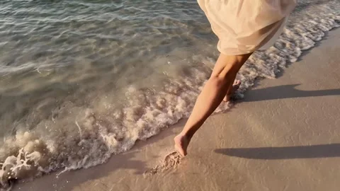 Barefoot Beach Walk with Waves Caress Stock Footage 264814328