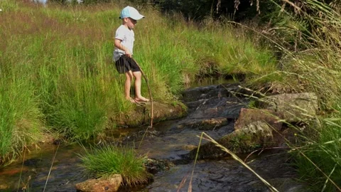 Barefoot child wading through a mountain stream with a stick in his hands. Stock Footage 290821074