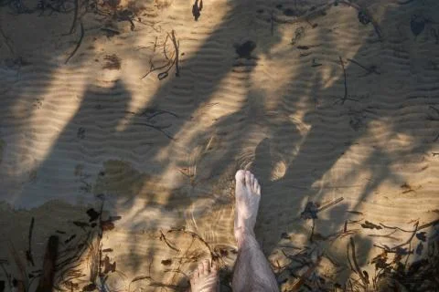 A barefoot man is walking in shallow water. Point of view. Stock-Fotos
