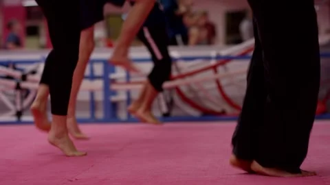Barefoot People Practicing Martial Arts Kicks, Training Mat, Low Angle Shot Stock Footage 341446377