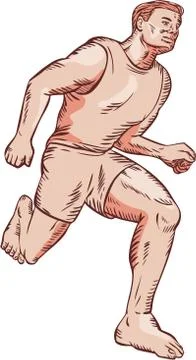 Barefoot Runner Running Marathon Etching Stock Illustration