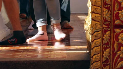 Barefoot Steps on Ancient Stone Floor in Buddhist Temple Courtyard Stock-Footage 333706915
