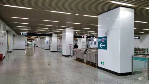 Barely Any People at Empty Subway Station in China Due to Virus Quarantine Stock Footage 124678077