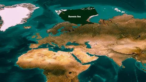 Barents Sea Labeled on Satellite Map of Europe and the Arctic Fotos de archivo