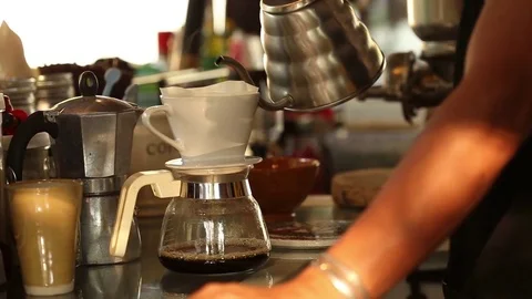 Baresta making classic coffee in coffee shop Stock Footage 73161519