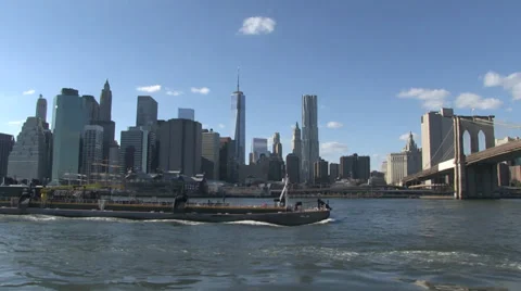 Barge and lower Manhattan Stock Footage 33709049