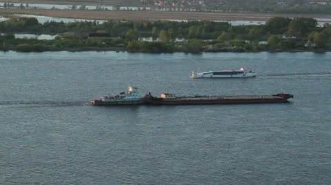 Barge and ship on river Stock Footage 26323316