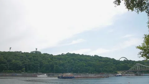 Barge And Yachts On The River Stock Footage 156597938