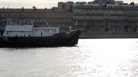Barge cargo ship goes on the river Neva, St peretburg Russia Stock Footage 43760921