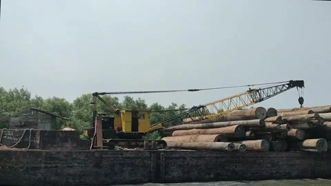 Barge with a crane and logs gliding on a serene river. Stock Footage 321481899