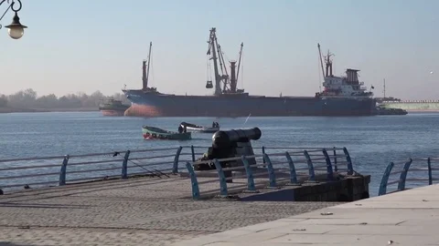 The barge crosses the Dnepr River. Stock Footage 81609785