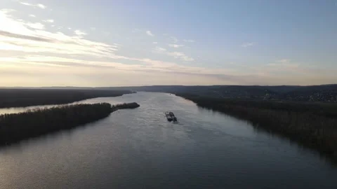 Barge on Danube tug boat push barges for river transport Video stock 236170960
