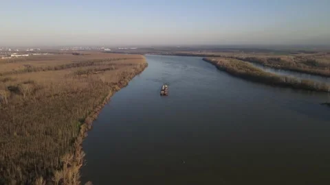 Barge on Danube tug boat push barges for river transport Stock Footage 236173618