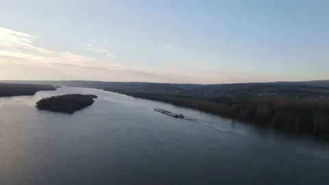 Barge on Danube tug boat push barges for river transport Stock Footage 236175339