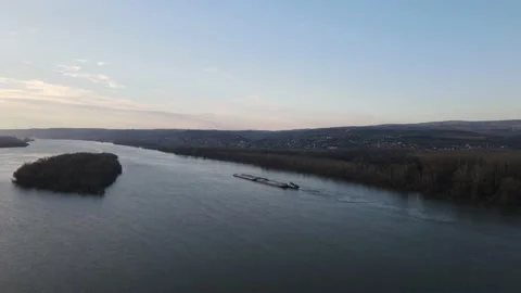 Barge on Danube tug boat push barges for river transport Stock Footage 236175476
