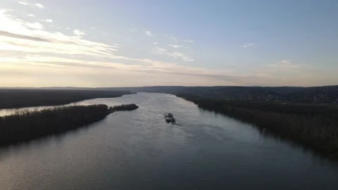 Barge on Danube tug boat push barges for river transport Stock Footage 236175722