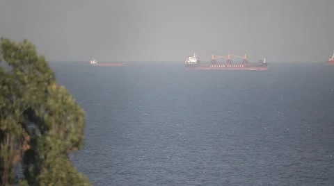 Barge on the drift waiting for the time when you can go to the sea port Video stock 59431426