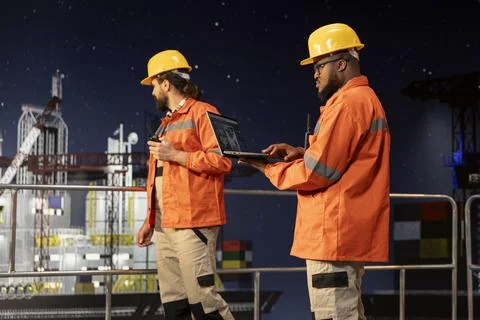 Barge engineering team on offshore platform using laptop to oversee drilling 写真素材