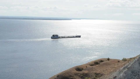 Barge floating on the blue river bright Sunny day Stock Footage 128882024