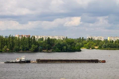Barge floating on the Dnieper river Stock Photos