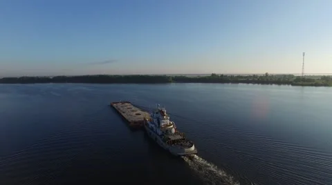 A barge floating on the river. Aerial view. Stock-Footage 66319888