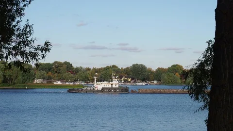 Barge floats Dnipro River. Stock Footage 117937289