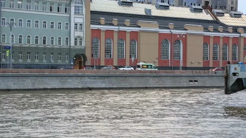 A barge floats on the Moskva River Stock Footage 98494235