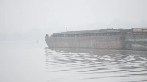 Barge in the fog floating on the river Stock Footage 46349193