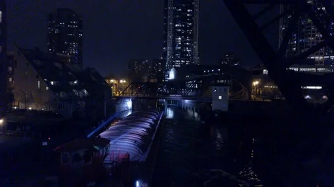 Barge Going Under A Bridge On Chicago River At Night Stock Footage 95206248