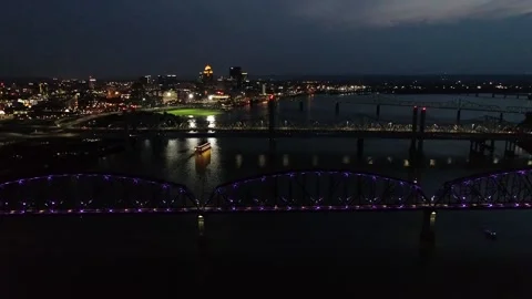 Barge Going Under JFK Abraham Lincoln Bridges Jeffersonville Indiana Drone View Stock Footage 159261861