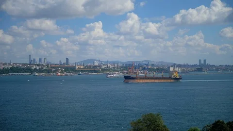 The barge, large cargo ship is sailing along the Bosporus. Istanbul, Stock Footage 97241820