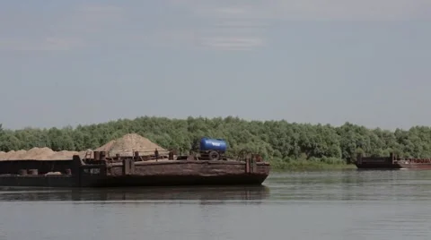 Barge loaded with sand  arriving to the docks Stock Footage 41342123