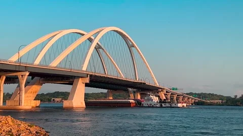 Barge on Mississippi River Going Under Bridge - August 8, 2024 - Bettendorf, IA Stock Footage 282808455