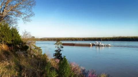 Barge Navigating the Ohio River Near Cave in Rock, Illinois Stock Footage 333616955