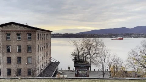 Barge Passing Hudson River at Regal Bag Co Newburgh NY Video stock 292904433
